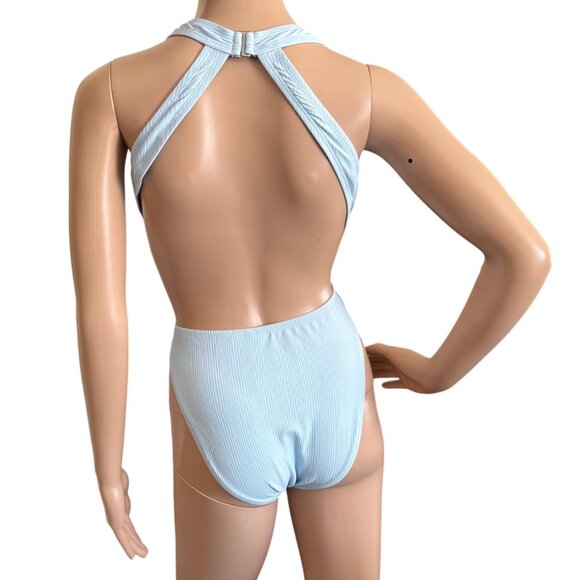 Lunar One Piece Swimsuit Size Medium Tie Waist Racerback Design Ris-K Beach Blue - Picture 2 of 9
